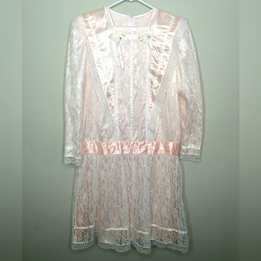 Vintage Gunne Sax Jessica McClintock Drop Waist 80’s Lace Satin Long Sleeve 10